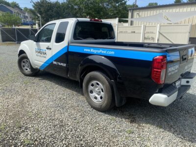 A truck with the back of it parked in a parking lot.