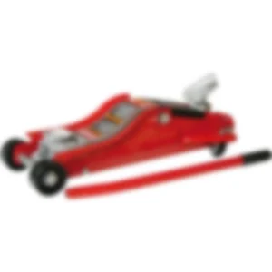 Red hydraulic car jack with handle.
