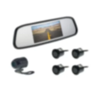 Rearview mirror with backup camera and sensors.