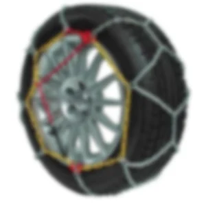 Car tire with snow chains installed.