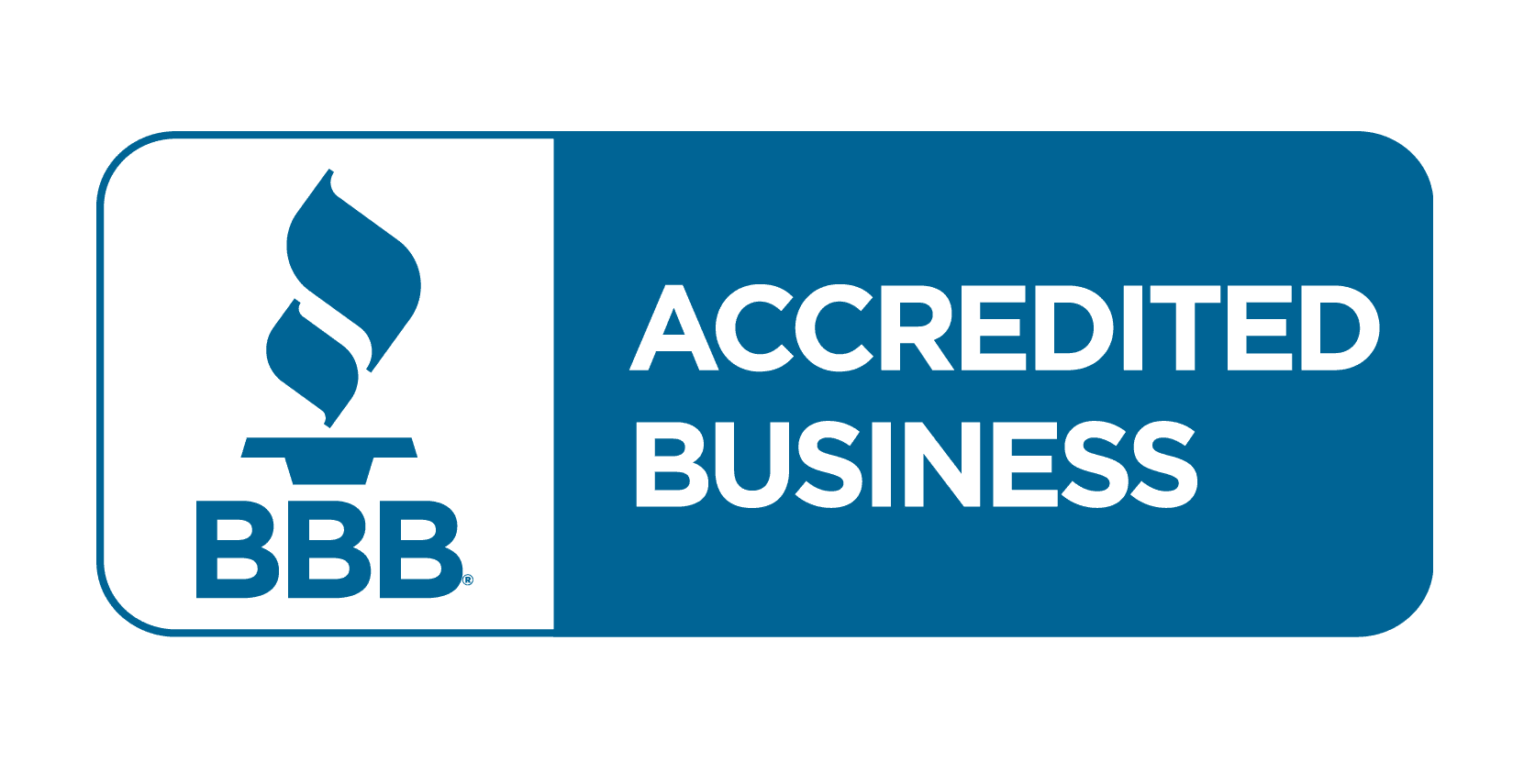 A blue and white logo for the bbb accredited business.